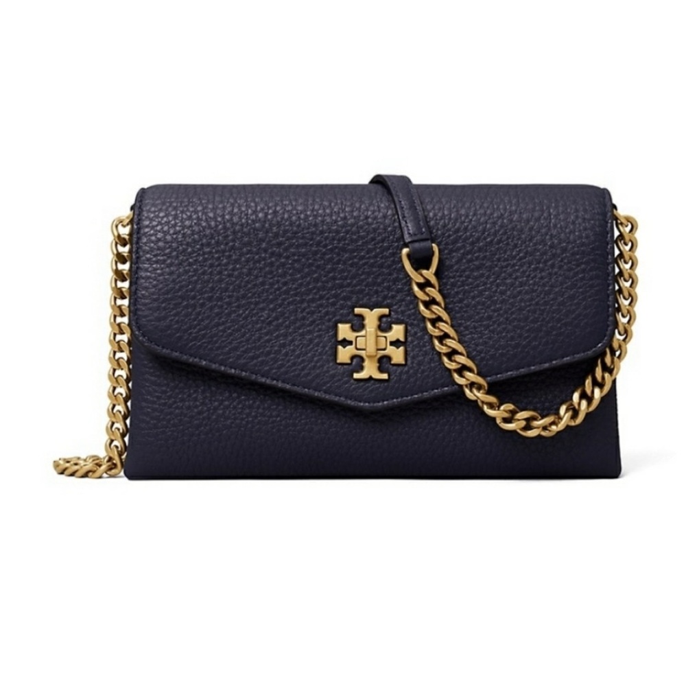 NWT Tory Burch Kira Pebbled Chain Wallet in Navy